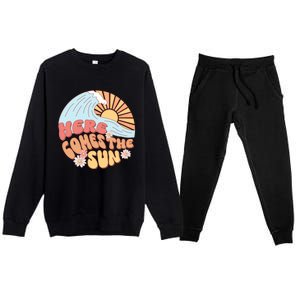 Retro Summer Here Comes The Sun Boho Groovy Gift Funny Gift Premium Crewneck Sweatsuit Set