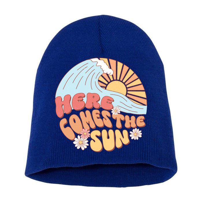 Retro Summer Here Comes The Sun Boho Groovy Gift Funny Gift Short Acrylic Beanie