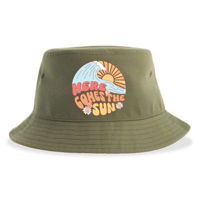 Retro Summer Here Comes The Sun Boho Groovy Gift Funny Gift Sustainable Bucket Hat