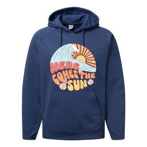 Retro Summer Here Comes The Sun Boho Groovy Gift Funny Gift Performance Fleece Hoodie