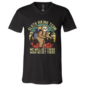 Retro sloth Hiking team we'll get there when we get there V-Neck T-Shirt