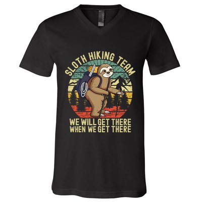 Retro sloth Hiking team we'll get there when we get there V-Neck T-Shirt