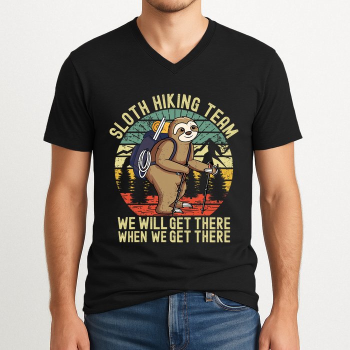 Retro sloth Hiking team we'll get there when we get there V-Neck T-Shirt
