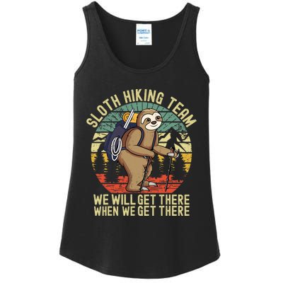 Retro sloth Hiking team we'll get there when we get there Ladies Essential Tank