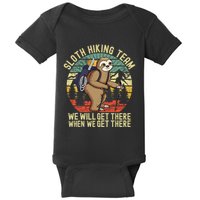 Retro sloth Hiking team we'll get there when we get there Baby Bodysuit