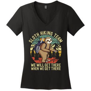 Retro sloth Hiking team we'll get there when we get there Women's V-Neck T-Shirt