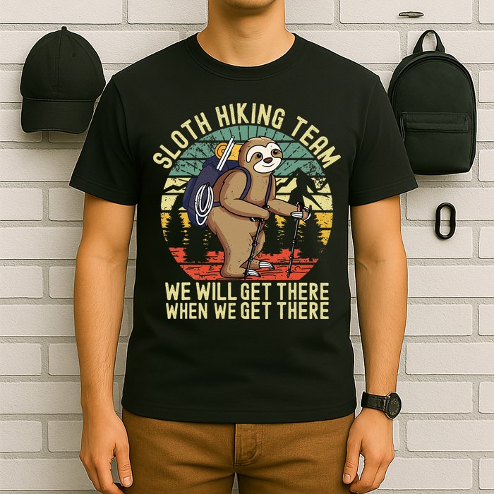Retro Sloth Hiking Team Well Get There When We Get There T-Shirt