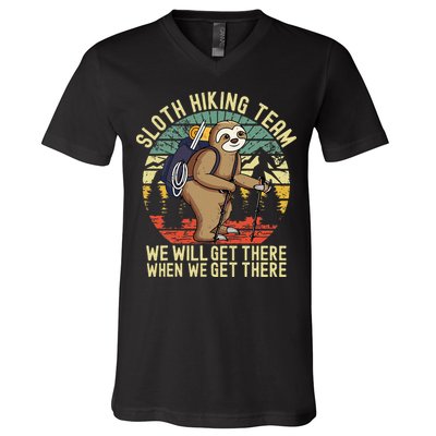 Retro Sloth Hiking Team Well Get There When We Get There V-Neck T-Shirt