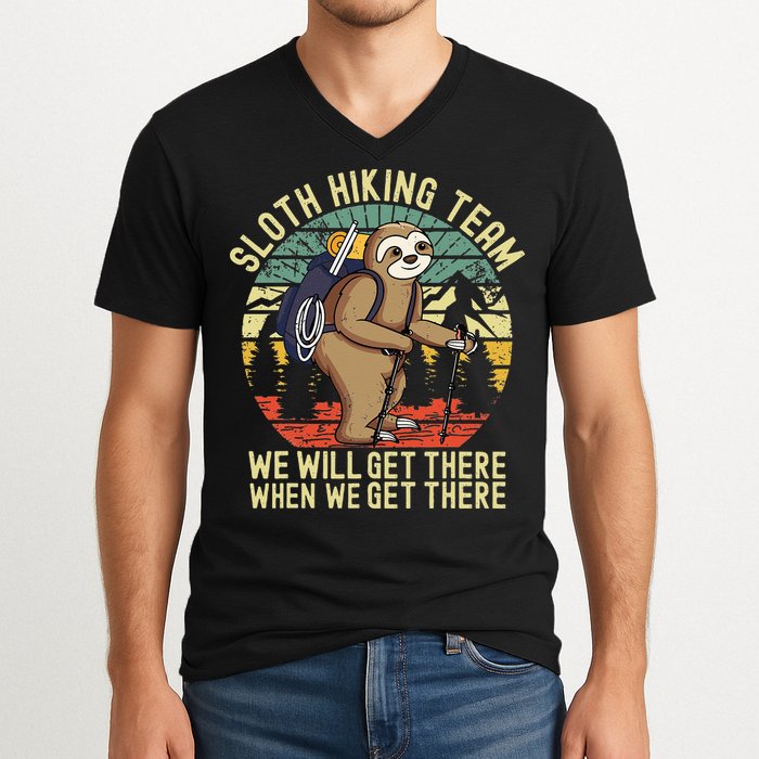 Retro Sloth Hiking Team Well Get There When We Get There V-Neck T-Shirt