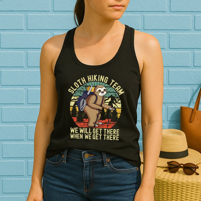 Retro Sloth Hiking Team Well Get There When We Get There Womens Tank Top