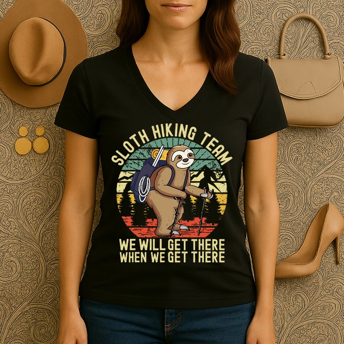 Retro Sloth Hiking Team Well Get There When We Get There Women's V-Neck T-Shirt