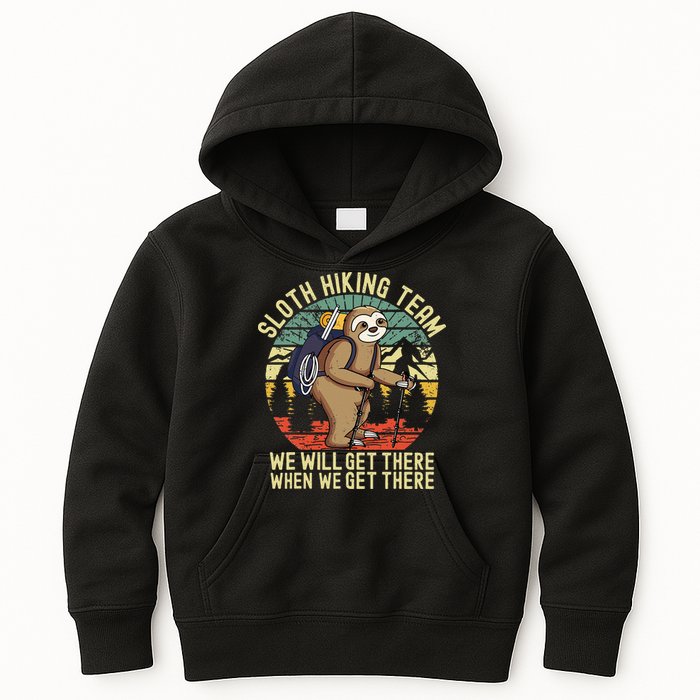 Retro Sloth Hiking Team Well Get There When We Get There Kids Hoodie