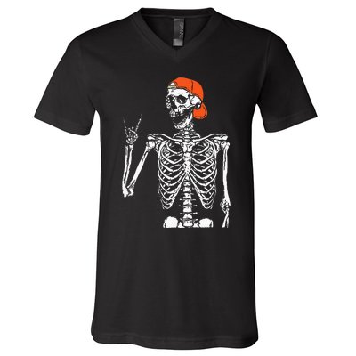 Rocker Skeleton Hand Rock On Costume Funny Halloween Gifts V-Neck T-Shirt