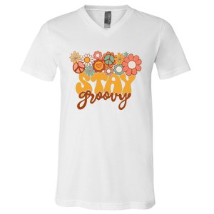 Retro Sunflower Hippie Stay Groovy Positive Mind Happy Life V-Neck T-Shirt