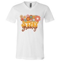 Retro Sunflower Hippie Stay Groovy Positive Mind Happy Life V-Neck T-Shirt