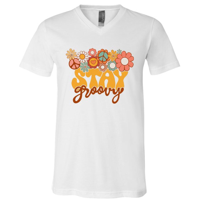 Retro Sunflower Hippie Stay Groovy Positive Mind Happy Life V-Neck T-Shirt