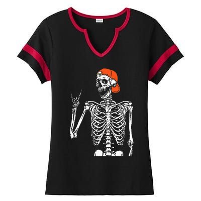 Rocker Skeleton Hand Rock On Costume Funny Halloween Gifts Ladies Halftime Notch Neck Tee