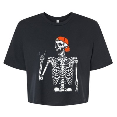 Rocker Skeleton Hand Rock On Costume Funny Halloween Gifts Bella+Canvas Jersey Crop Tee