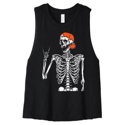 Rocker Skeleton Hand Rock On Costume Funny Halloween Gifts Women's Racerback Cropped Tank