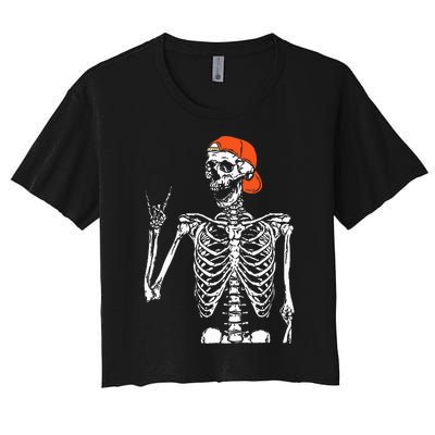 Rocker Skeleton Hand Rock On Costume Funny Halloween Gifts Women's Crop Top Tee