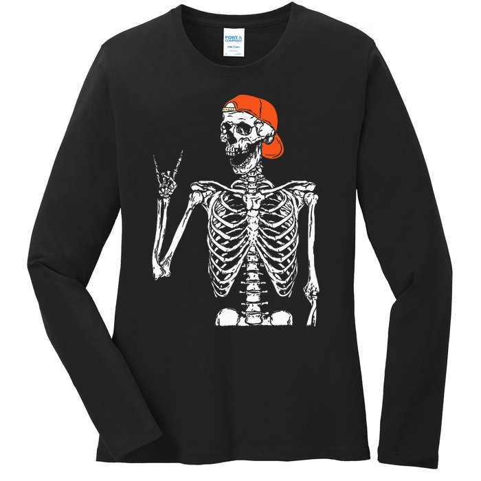 Rocker Skeleton Hand Rock On Costume Funny Halloween Gifts Ladies Long Sleeve Shirt