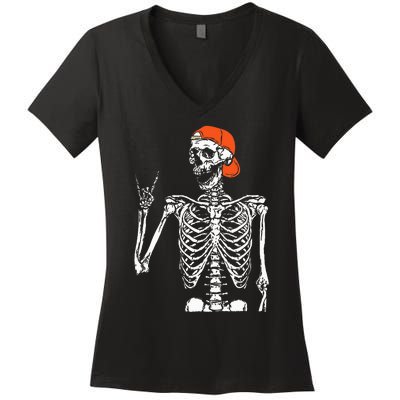 Rocker Skeleton Hand Rock On Costume Funny Halloween Gifts Women's V-Neck T-Shirt