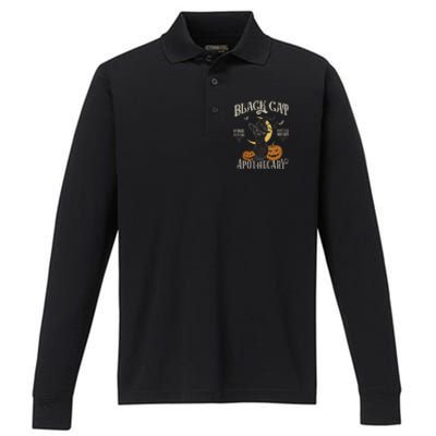 Retro Scary Halloween Costume Black Cat Salem Apothecary Performance Long Sleeve Polo