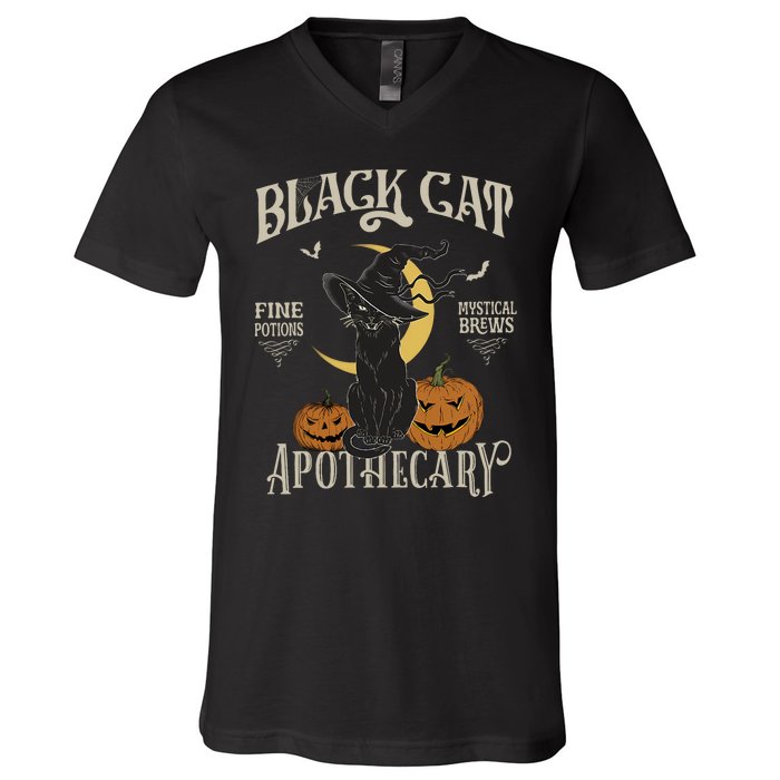 Retro Scary Halloween Costume Black Cat Salem Apothecary V-Neck T-Shirt