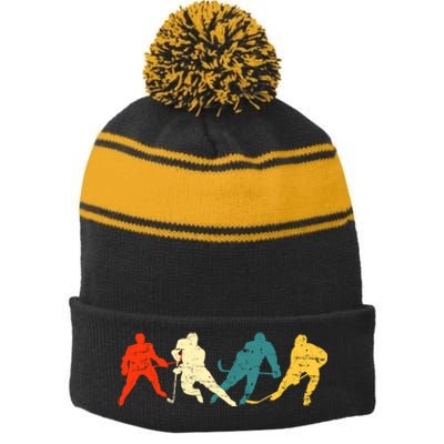 Retro Style Hockey Players Stripe Pom Pom Beanie