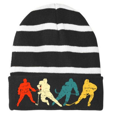 Retro Style Hockey Players Striped Beanie with Solid Band