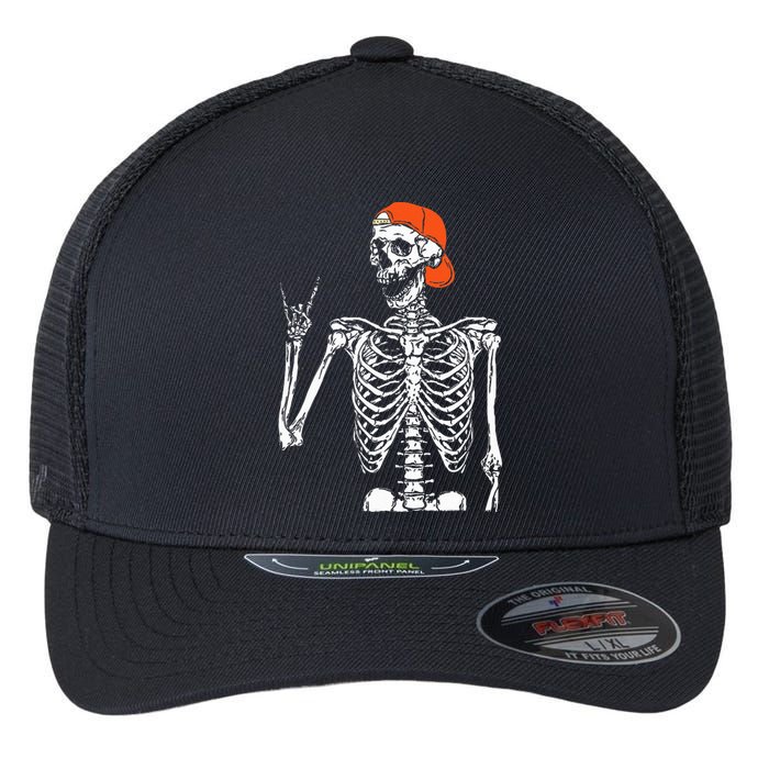 Rocker Skeleton Hand Rock On Costume Flexfit Unipanel Trucker Cap