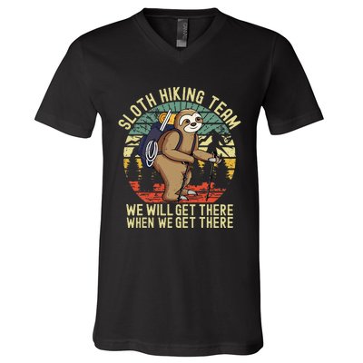 Retro Sloth Hiking Team Well Get There When We Get There V-Neck T-Shirt