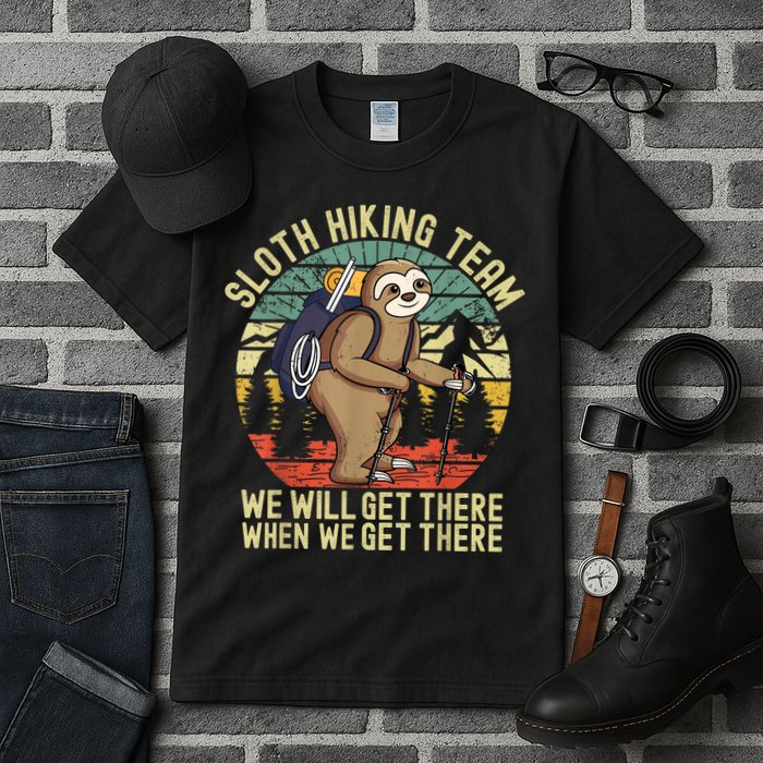 Retro Sloth Hiking Team We'll Get There When We Get There Tall T-Shirt