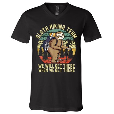 Retro Sloth Hiking Team We'll Get There When We Get There V-Neck T-Shirt
