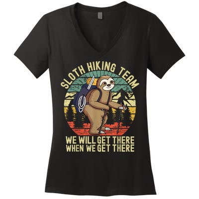 Retro Sloth Hiking Team We'll Get There When We Get There Women's V-Neck T-Shirt