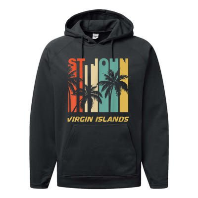 Retro St. John Virgin Islands Palm Trees Vacation Performance Fleece Hoodie