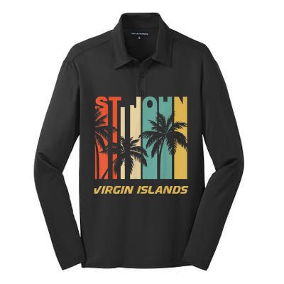 Retro St. John Virgin Islands Palm Trees Vacation Silk Touch Performance Long Sleeve Polo