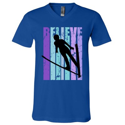 Retro Slalom Jump Jumping Ski Downhill Race Flying Fly High Gift V-Neck T-Shirt