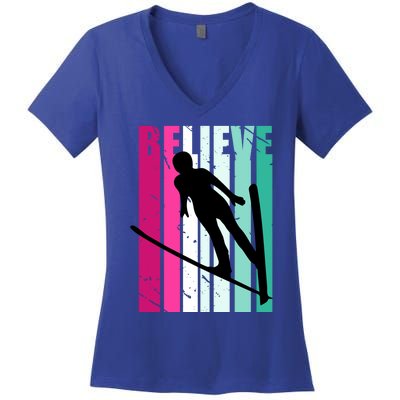 Retro Slalom Jump Jumping Ski Downhill Female Gift Women's V-Neck T-Shirt