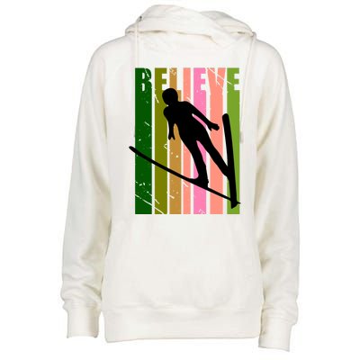 Retro Ski Jumping Jump Female Skier Skiing Cool Meaningful Gift Womens Funnel Neck Pullover Hood