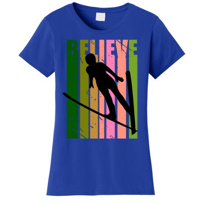 Retro Ski Jumping Jump Female Skier Skiing Cool Meaningful Gift Women's T-Shirt