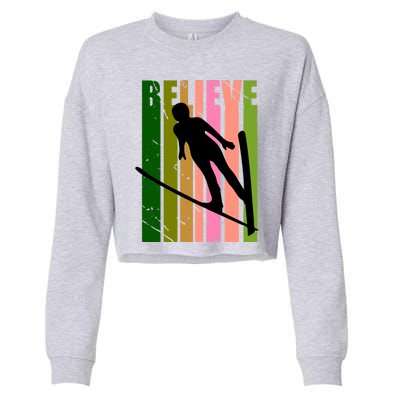 Retro Ski Jumping Jump Female Skier Skiing Cool Meaningful Gift Cropped Pullover Crew