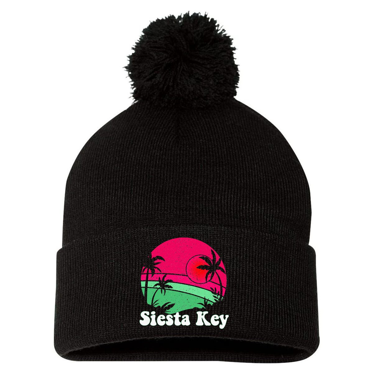 Retro Siesta Key Beach Design Siesta Key Illustration Pom Pom 12in Knit Beanie
