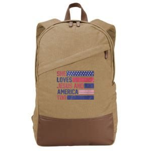 Retro She loves Jesus and America Too 4th Of July USA Flag Cotton Canvas Backpack