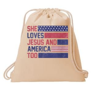 Retro She loves Jesus and America Too 4th Of July USA Flag Drawstring Bag