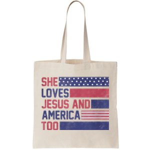 Retro She loves Jesus and America Too 4th Of July USA Flag Tote Bag