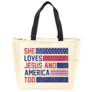 Retro She loves Jesus and America Too 4th Of July USA Flag Zip Tote Bag