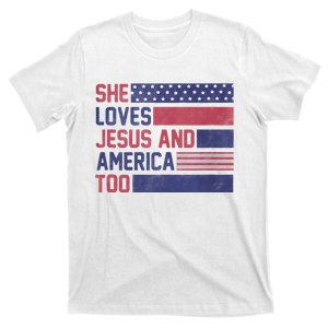 Retro She loves Jesus and America Too 4th Of July USA Flag T-Shirt