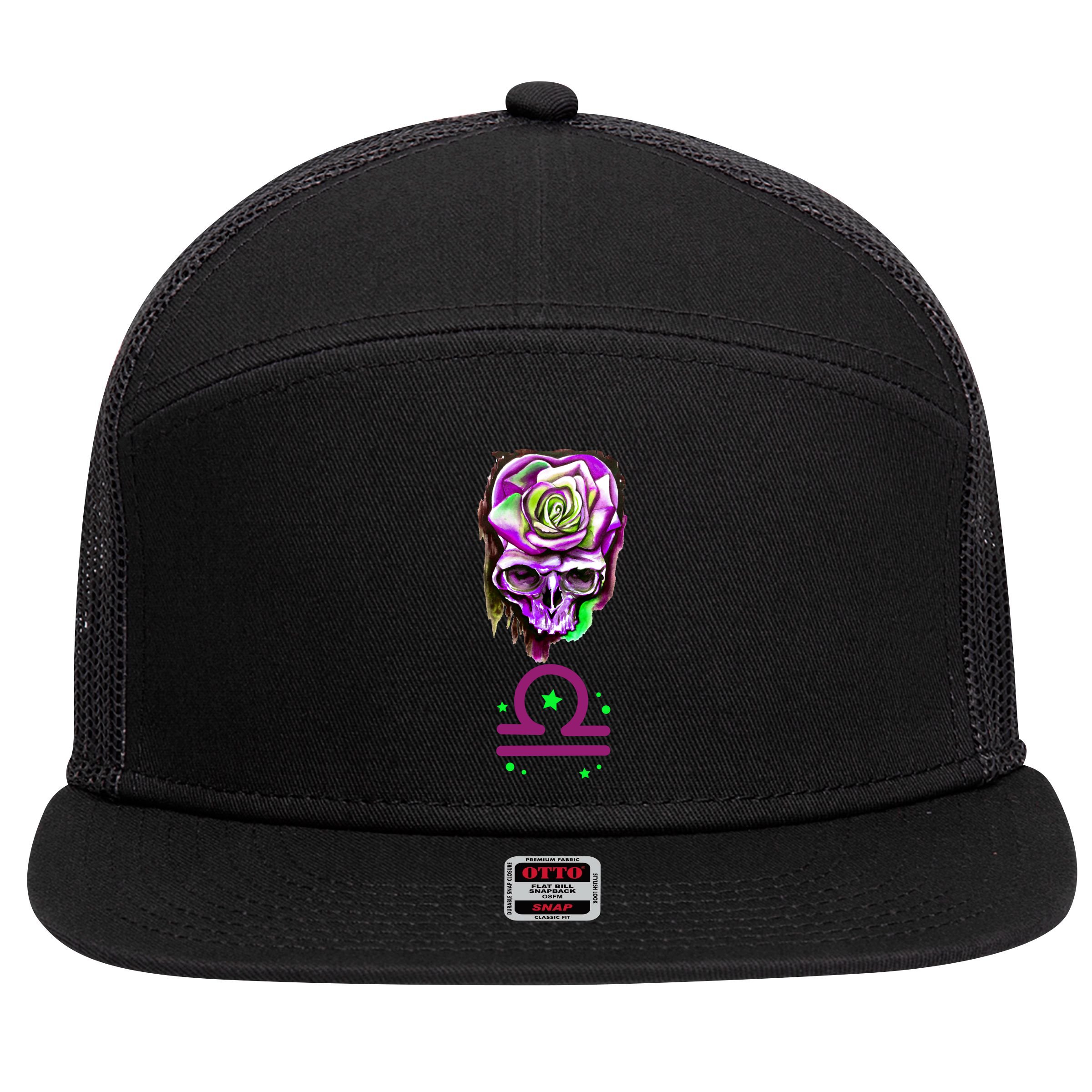 Rose Skull Libra Zodiac Gift 7 Panel Mesh Trucker Snapback Hat