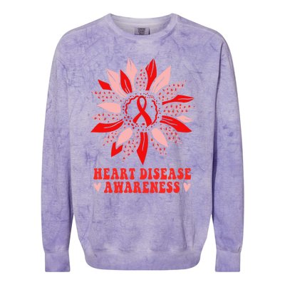 Red Sunflower Leopard Ribbon Heart Disease Awareness Month Gift Colorblast Crewneck Sweatshirt